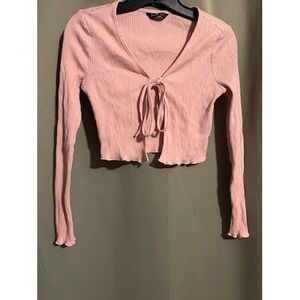 Pink Ribbed Tie Front Long‎ Sleeve Crop Top Casual Trendy Blouse